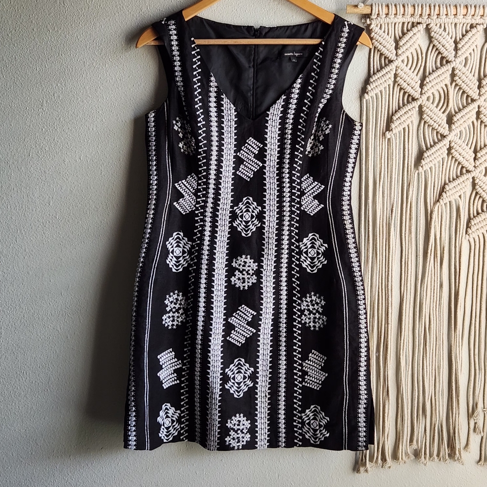 Nanette Lepore Up All‎ Night Black Linen Embroidered Dress | Lined | Size 4